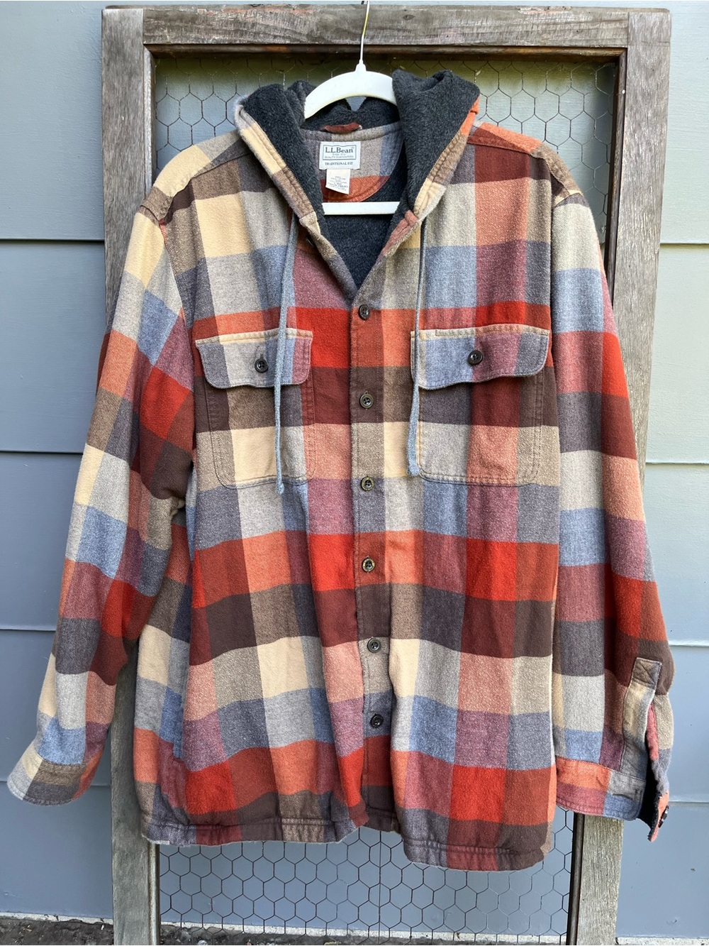 L.L Bean Traditional Fit Flannel Shacket With Hood Mutes Colors Gray Lining Sz L